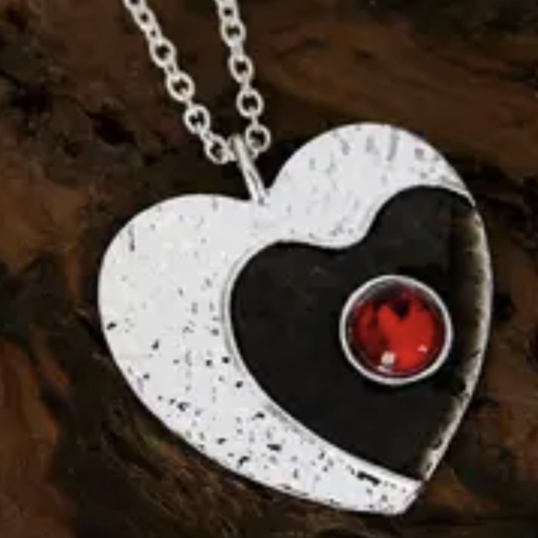 Elegant Silver And Black Heart Necklace With Red Gem 5$